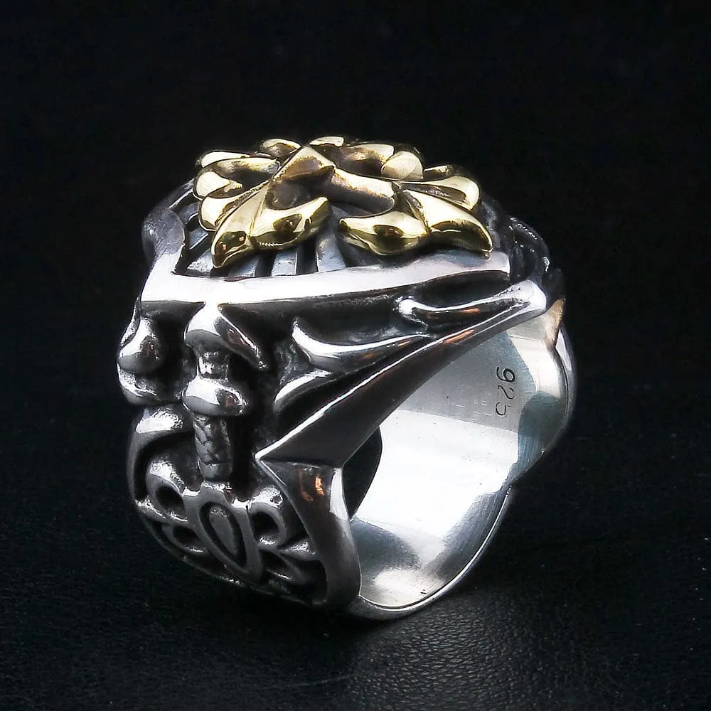 Large Yellow Gold Cross Sterling Silver Men's Ring