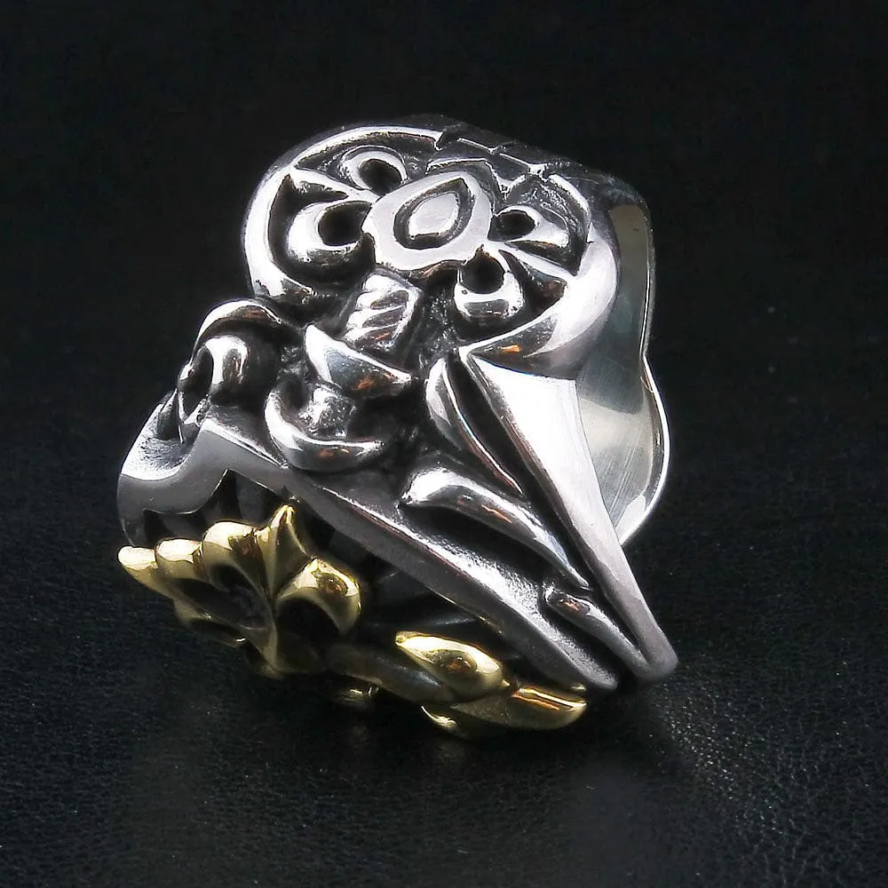 Large Yellow Gold Cross Sterling Silver Men's Ring