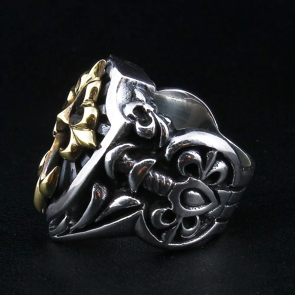 Large Yellow Gold Cross Sterling Silver Men's Ring