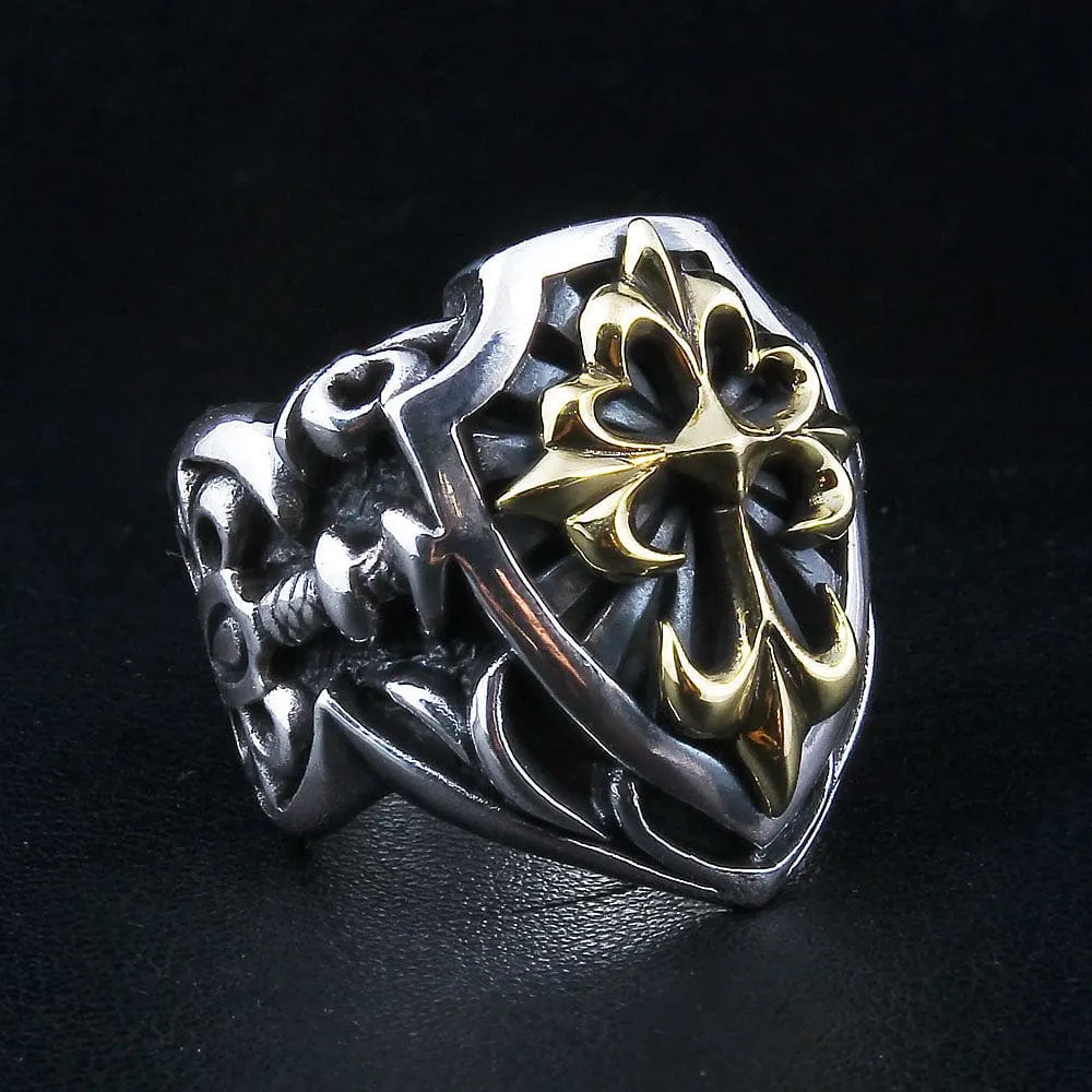 Large Yellow Gold Cross Sterling Silver Men's Ring