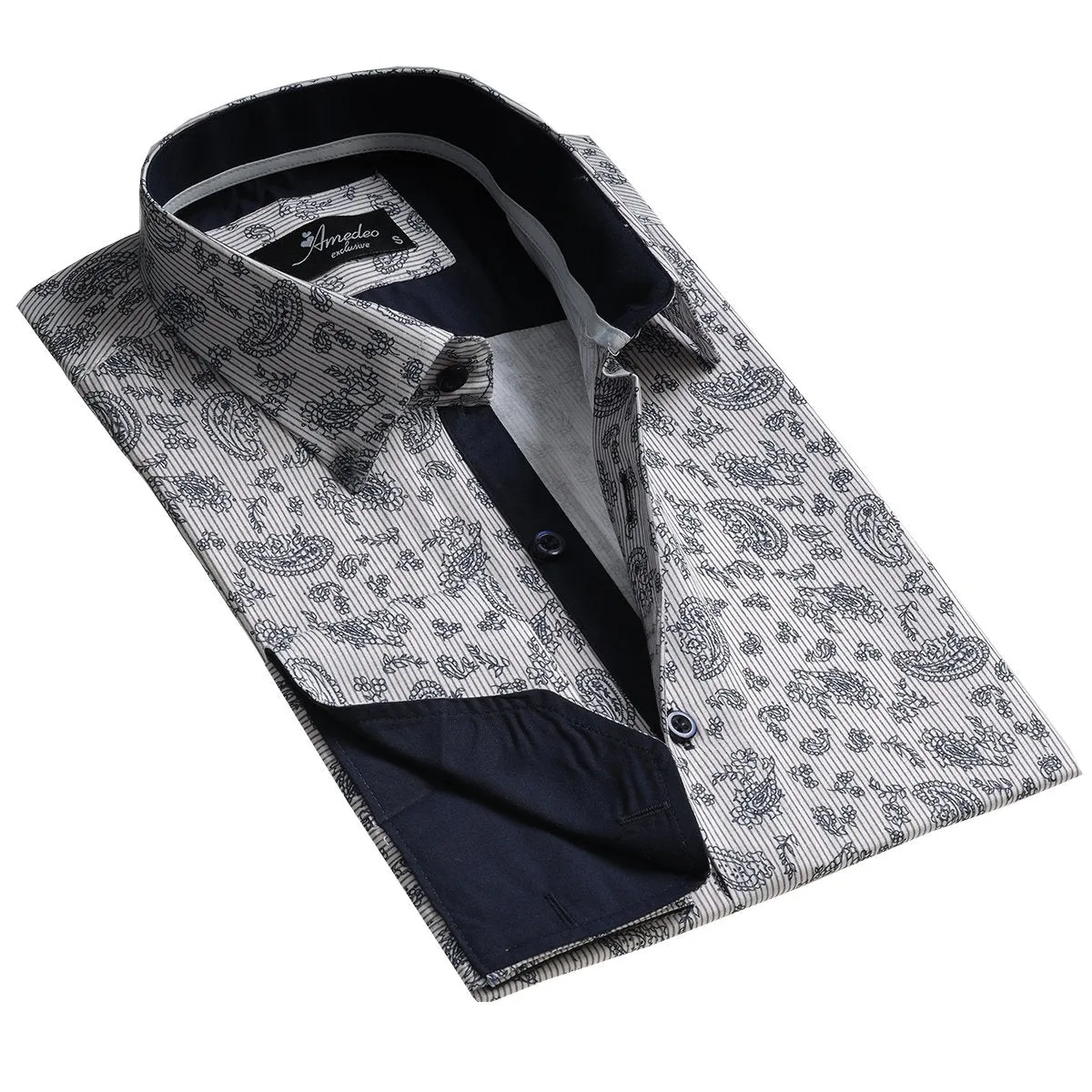 Light Grey Floral Mens Slim Fit French Cuff Shirts with Cufflink Holes - Casual and Formal