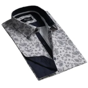 Light Grey Floral Mens Slim Fit French Cuff Shirts with Cufflink Holes - Casual and Formal
