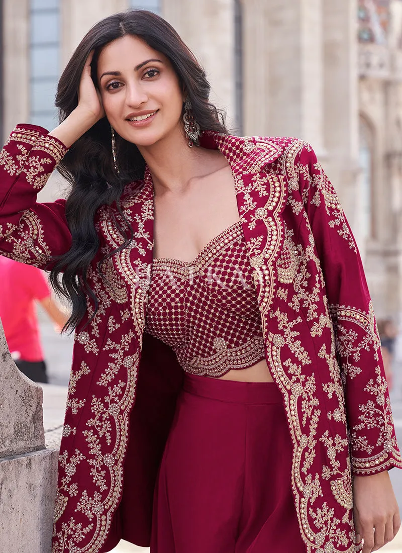 Magenta Pink Embroidered Jacket Style Designer Palazzo Suit