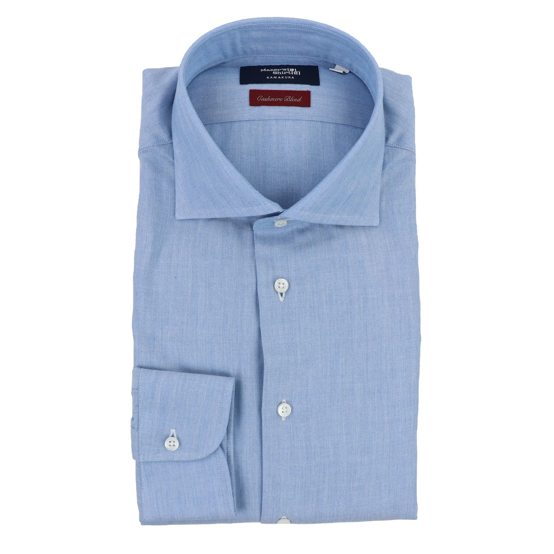 Maker's Luxury Dress Shirt in Blue Herringbone Cotton/Cashmere