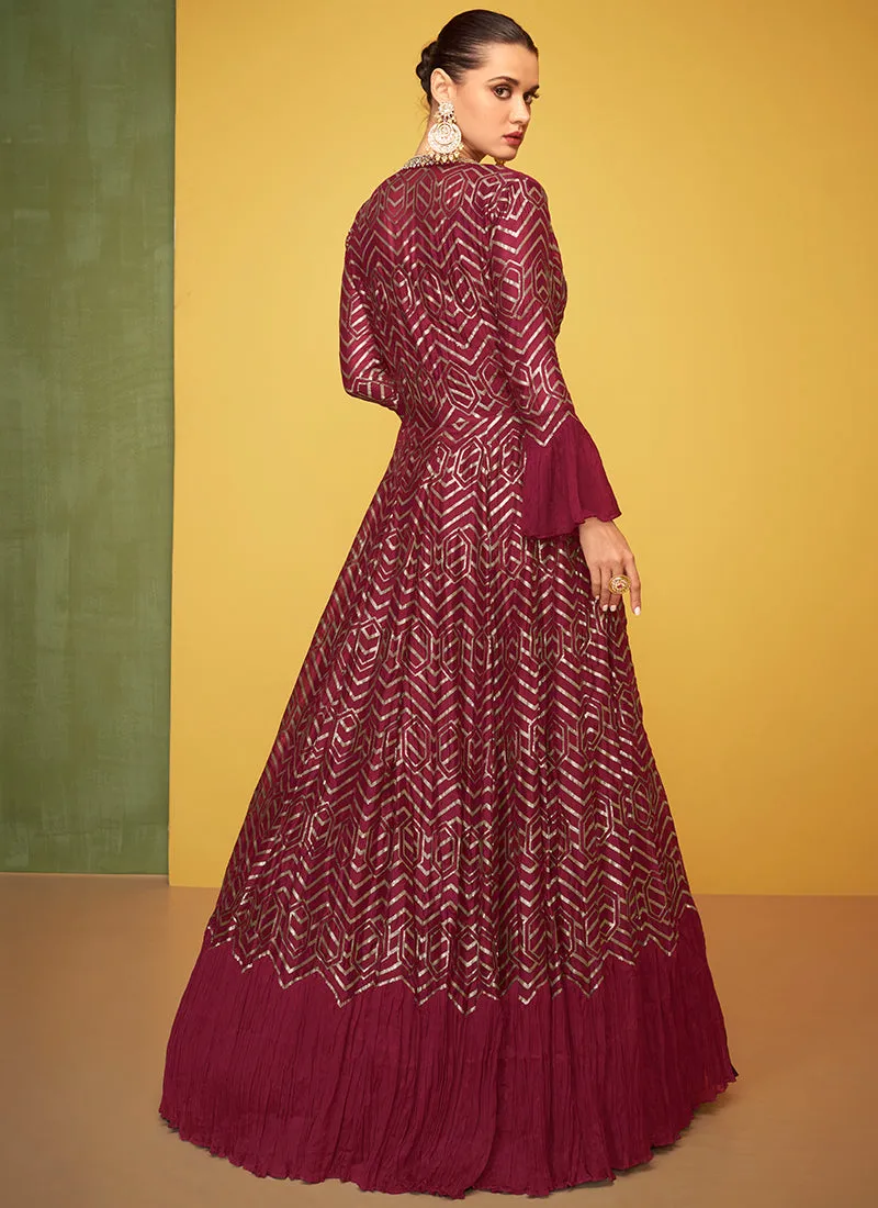 Maroon Embroidery Jacket Style Anarkali Gown