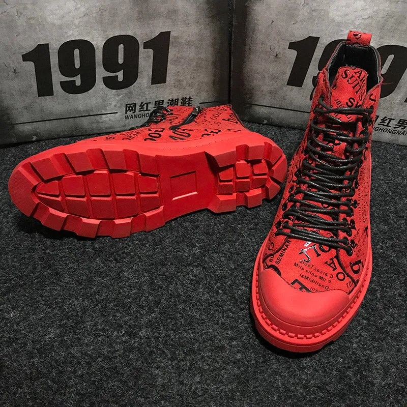 Mens army boots Casual ankle boots High Top Leather Shoes Male RED Hip hop graffiti military boots  sneaker Shoes MM-89