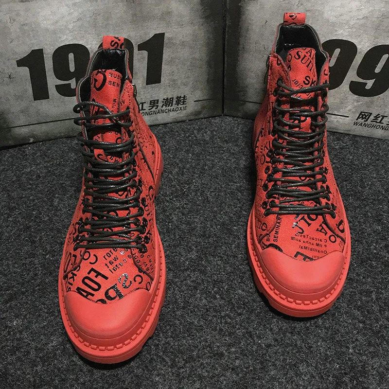 Mens army boots Casual ankle boots High Top Leather Shoes Male RED Hip hop graffiti military boots  sneaker Shoes MM-89