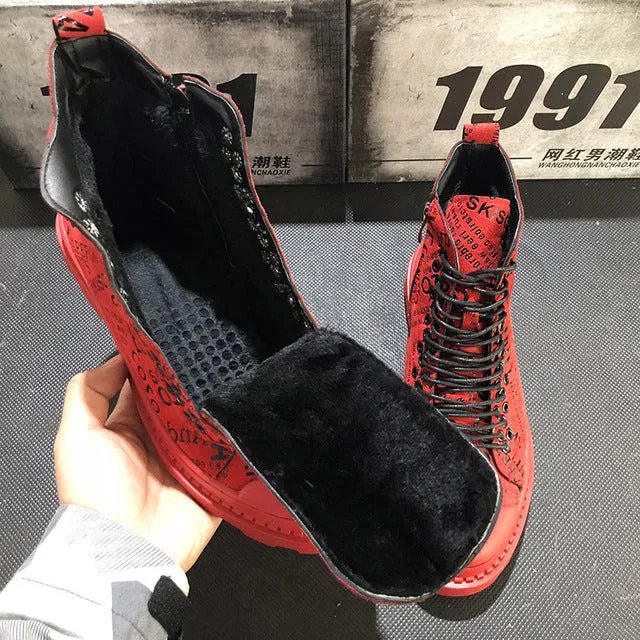 Mens army boots Casual ankle boots High Top Leather Shoes Male RED Hip hop graffiti military boots  sneaker Shoes MM-89