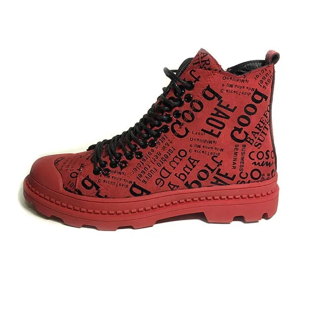 Mens army boots Casual ankle boots High Top Leather Shoes Male RED Hip hop graffiti military boots  sneaker Shoes MM-89