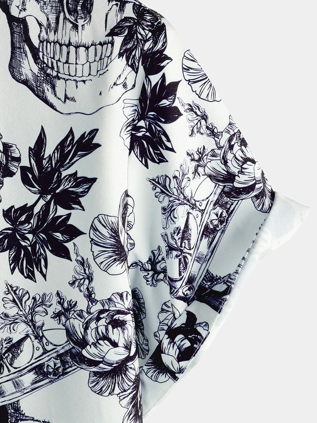 Men's Black Punk Rock Crown Floral Skull Print Short Sleeve Shirt