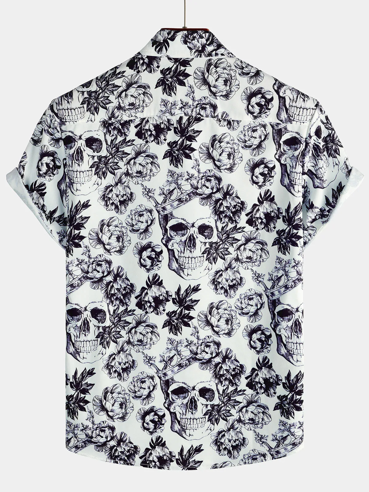 Men's Black Punk Rock Crown Floral Skull Print Short Sleeve Shirt