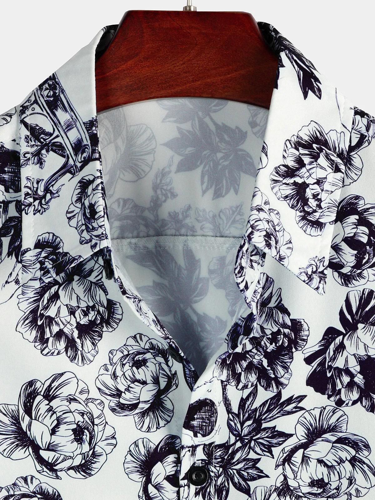 Men's Black Punk Rock Crown Floral Skull Print Short Sleeve Shirt