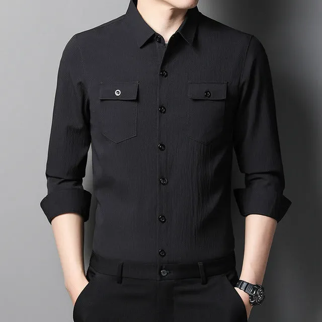 Men's Casual Long Sleeve Two Pocket Dress Shirt