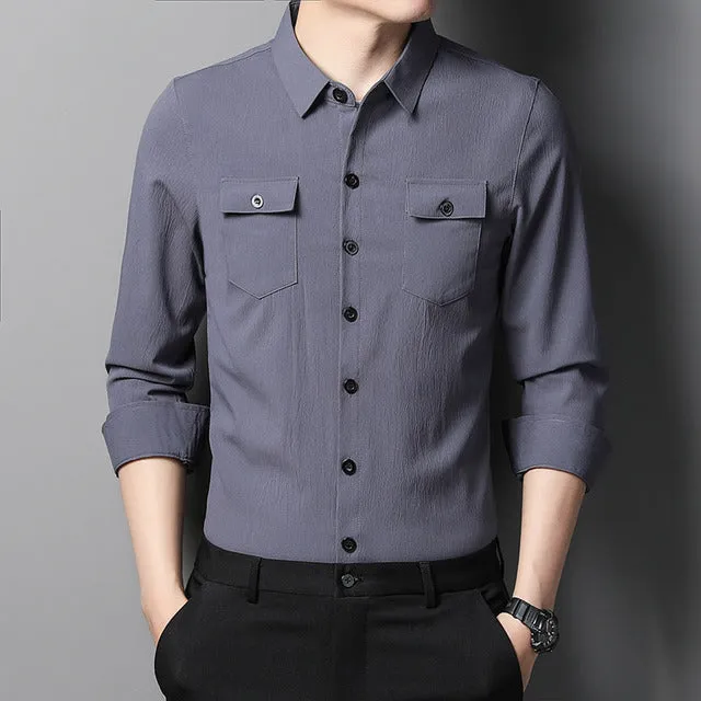 Men's Casual Long Sleeve Two Pocket Dress Shirt