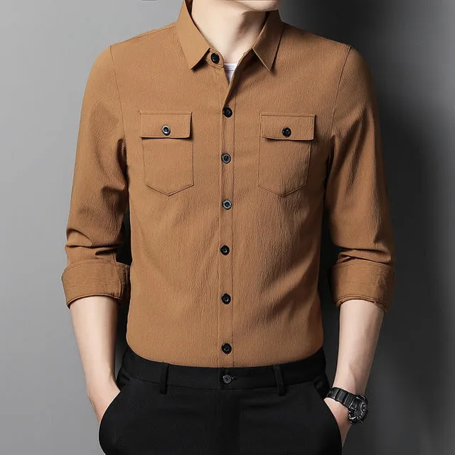 Men's Casual Long Sleeve Two Pocket Dress Shirt