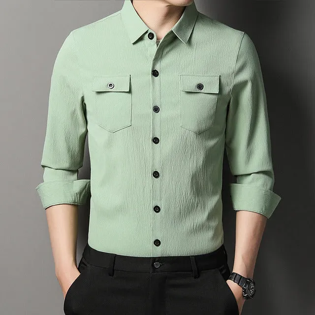 Men's Casual Long Sleeve Two Pocket Dress Shirt
