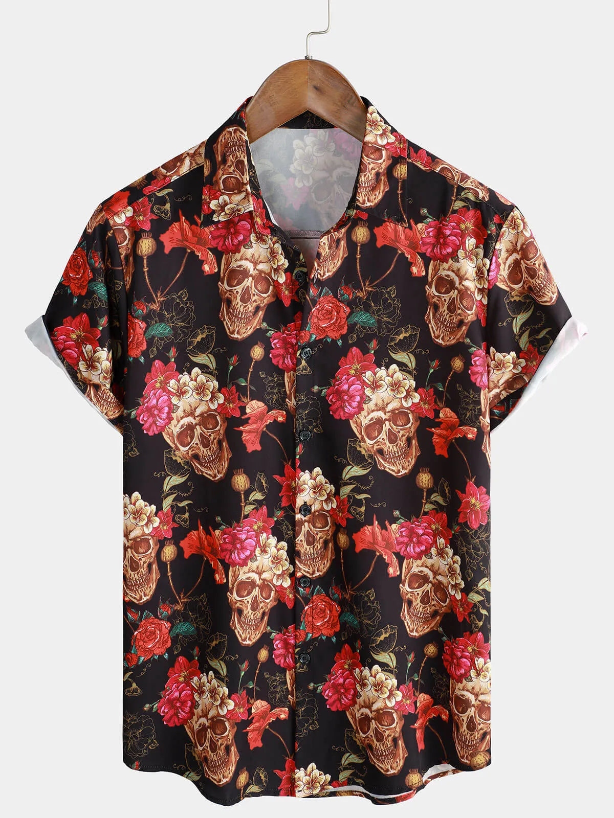 Men's Cool Summer Floral Skull Punk Rock Holiday Beach Short Sleeve Shirt