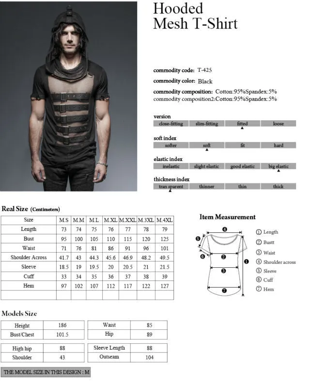 Men's Gothic/Steampunk black sexy hooded Tee with buckles and mesh