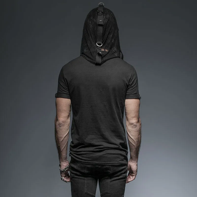 Men's Gothic/Steampunk black sexy hooded Tee with buckles and mesh