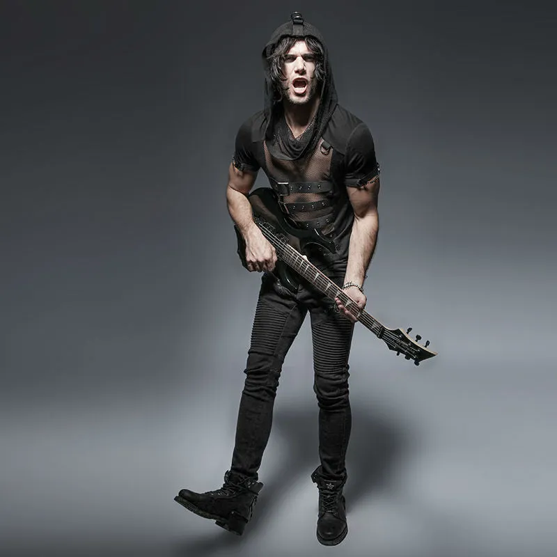 Men's Gothic/Steampunk black sexy hooded Tee with buckles and mesh