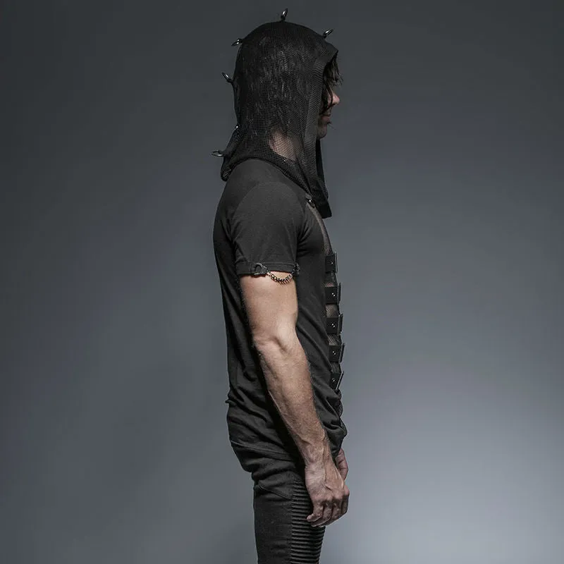 Men's Gothic/Steampunk black sexy hooded Tee with buckles and mesh