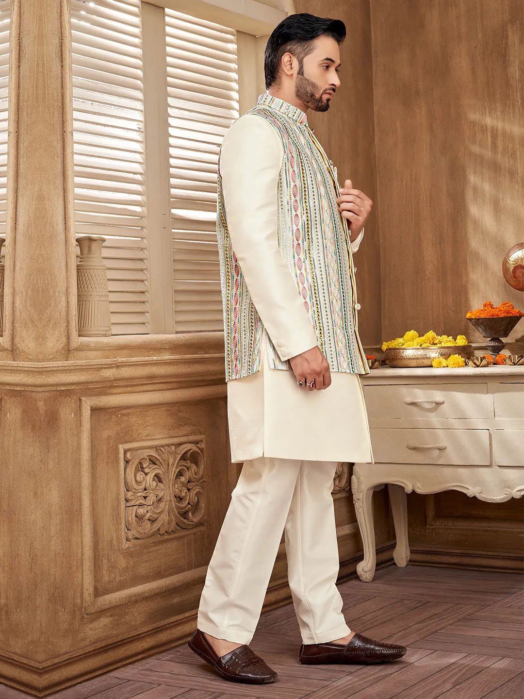 Men's Pastel Indo-Western Set with Intricate Embroidery
