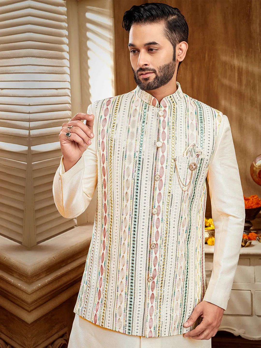 Men's Pastel Indo-Western Set with Intricate Embroidery