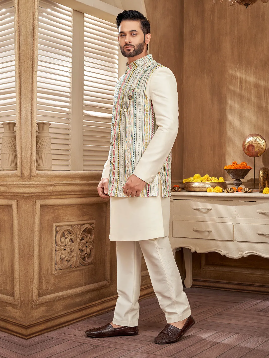 Men's Pastel Indo-Western Set with Intricate Embroidery