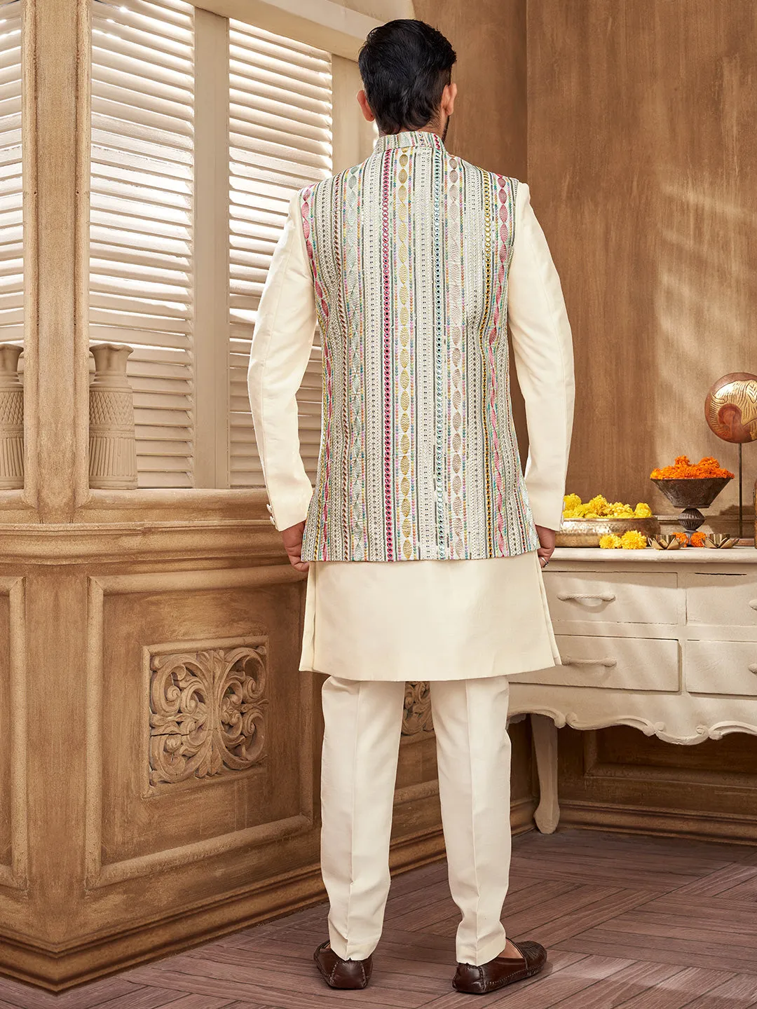 Men's Pastel Indo-Western Set with Intricate Embroidery