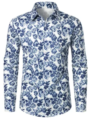 Men's Punk Rock Crown Floral Skull Print Long Sleeve Shirt