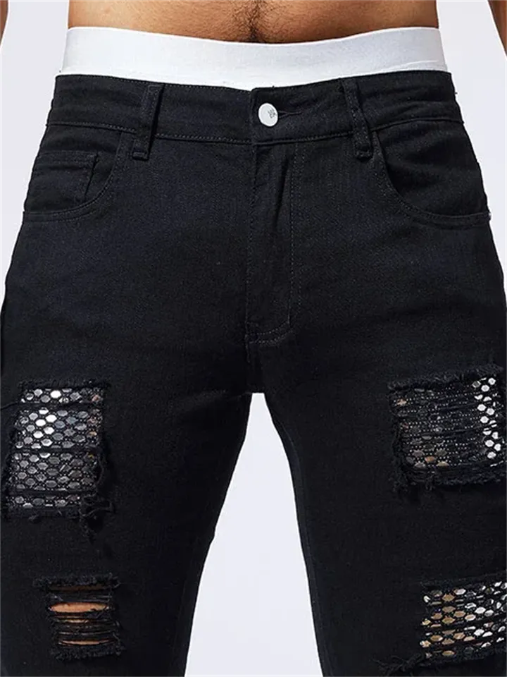Men's Punk Rock Patchwork Sequined Black Jeans