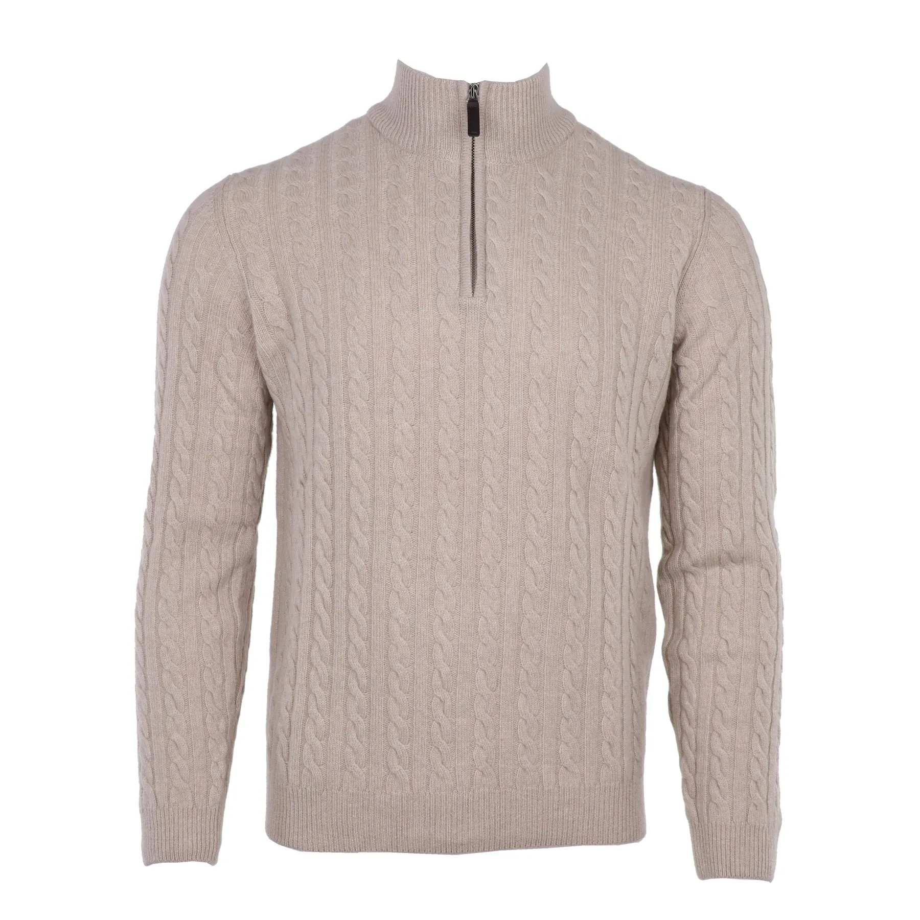 Merino-Cashmere Cable Knit Quarter Zip in Tan