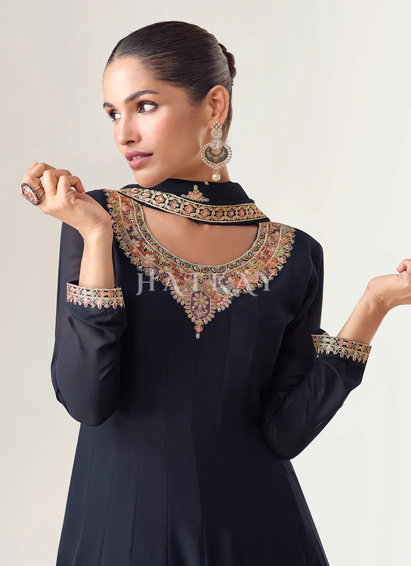 Navy Blue Multi Embroidery Anarkali Dress