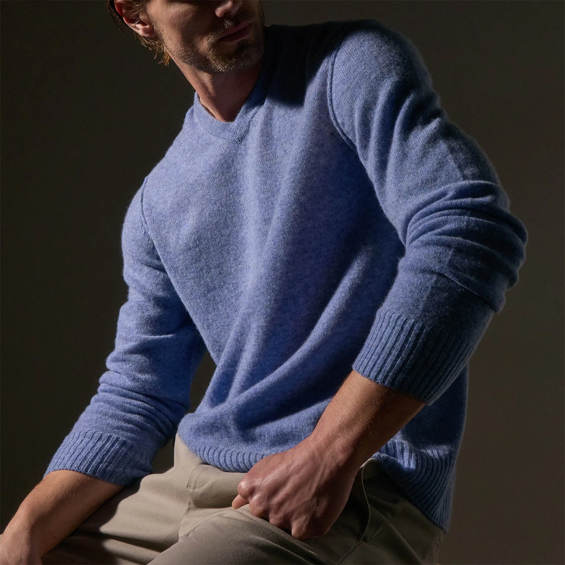 Open Knit Cashmere V Neck - Blue Sky