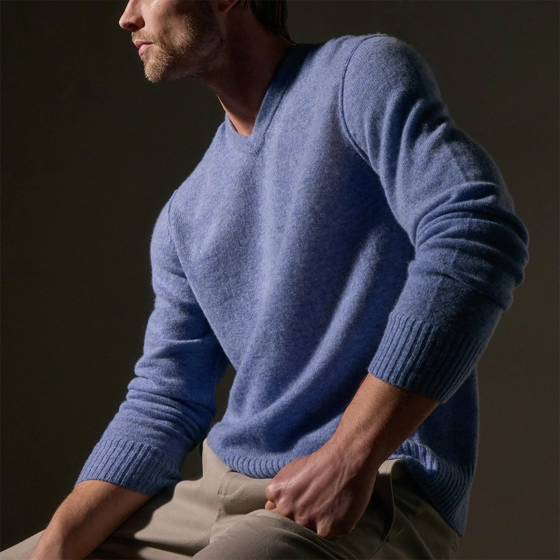 Open Knit Cashmere V Neck - Blue Sky