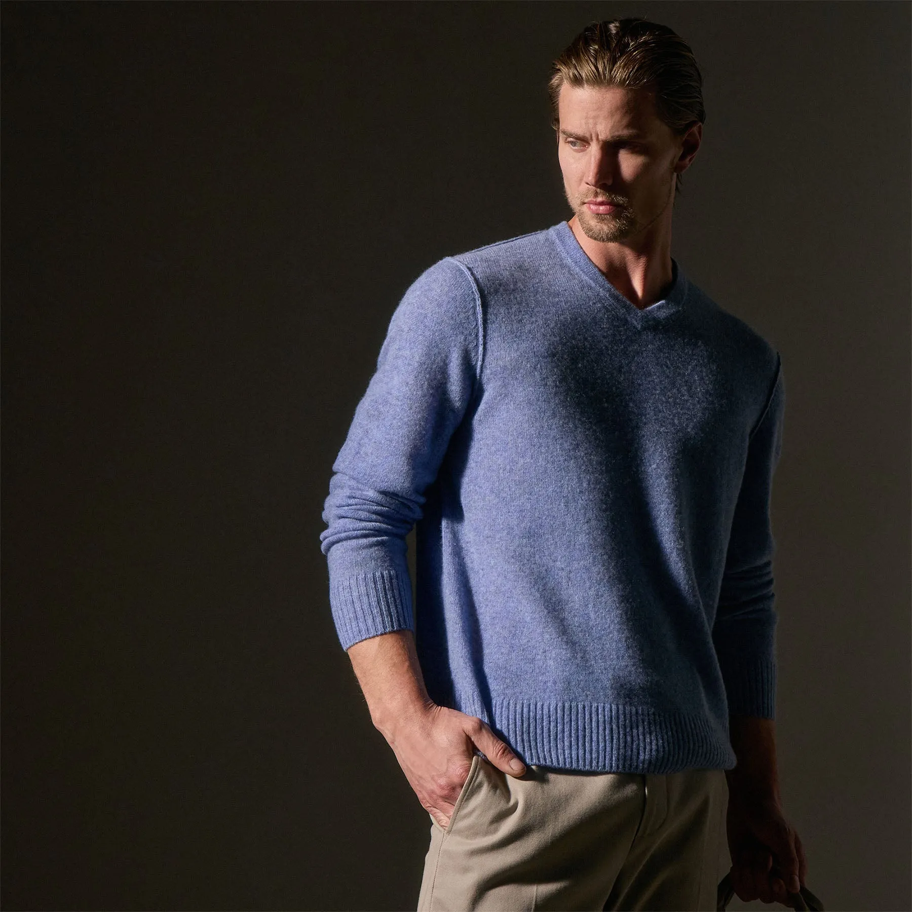 Open Knit Cashmere V Neck - Blue Sky