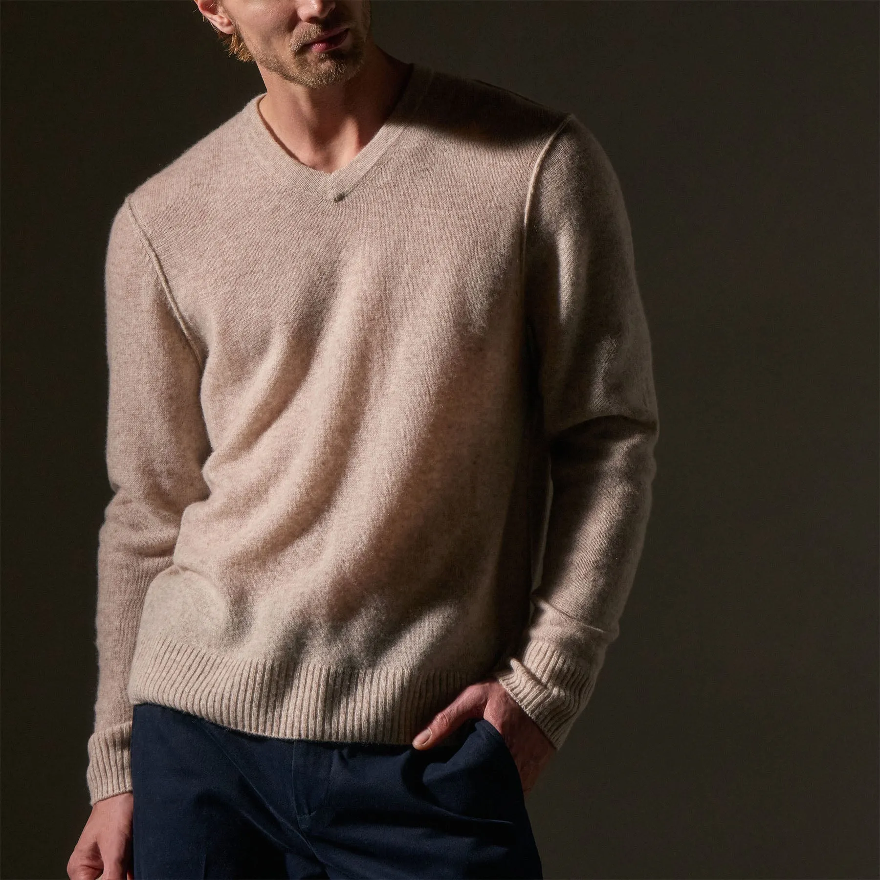 Open Knit Cashmere V Neck - Light Beige