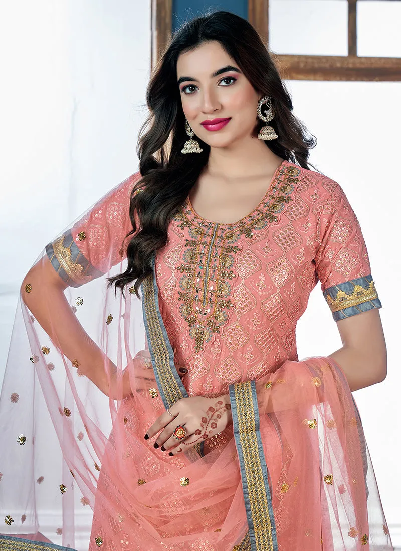 Peach Golden Sequence Embroidery Traditional Palazzo Suit