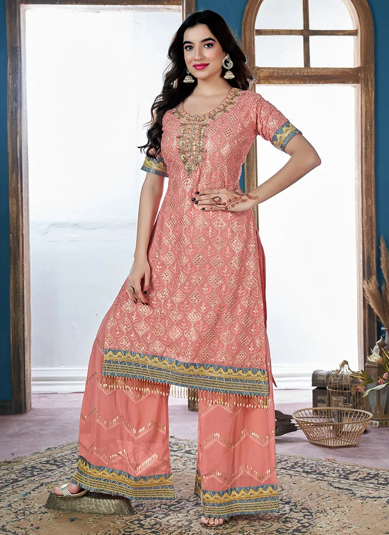 Peach Golden Sequence Embroidery Traditional Palazzo Suit