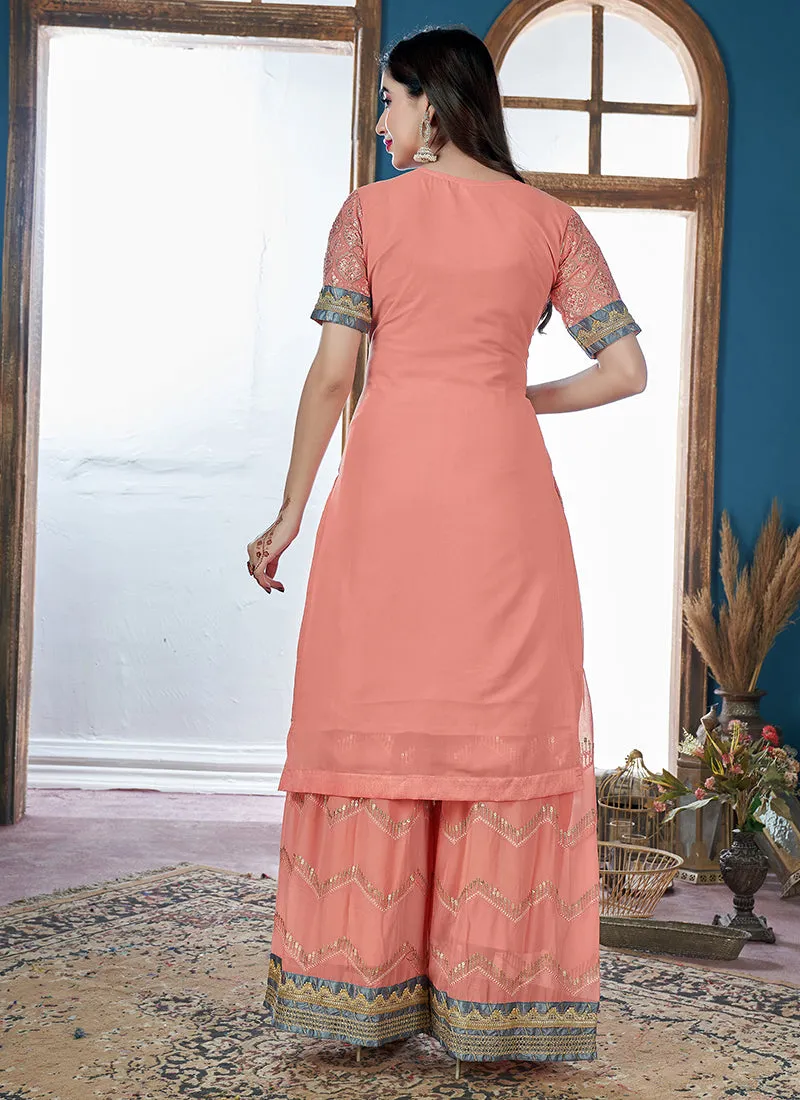 Peach Golden Sequence Embroidery Traditional Palazzo Suit