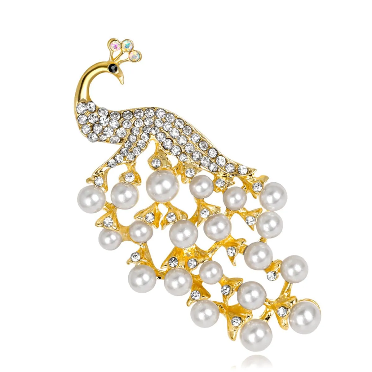 Pearl & 18K Gold-Plated Peacock Pavé-Set Brooch