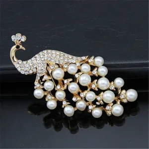 Pearl & 18K Gold-Plated Peacock Pavé-Set Brooch