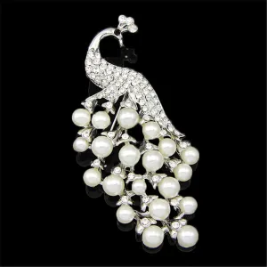 Pearl & Cubic Zirconia Silver-Plated Peacock Pavé-Set Brooch