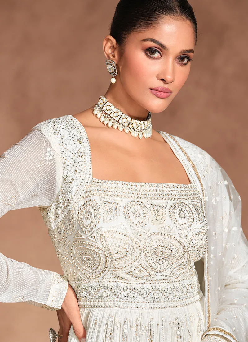Pearl White Chikankari Embroidery Anarkali Gown