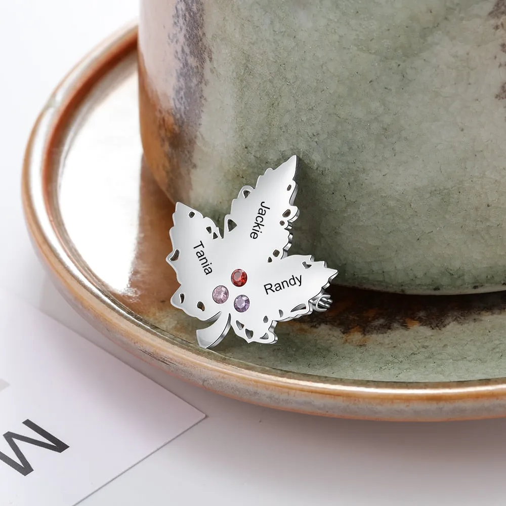 Personalized Engraving Name Maple Leaf Brooches for Women Custom 3 Birthstone Brooch Jewelry Gift for Ladies