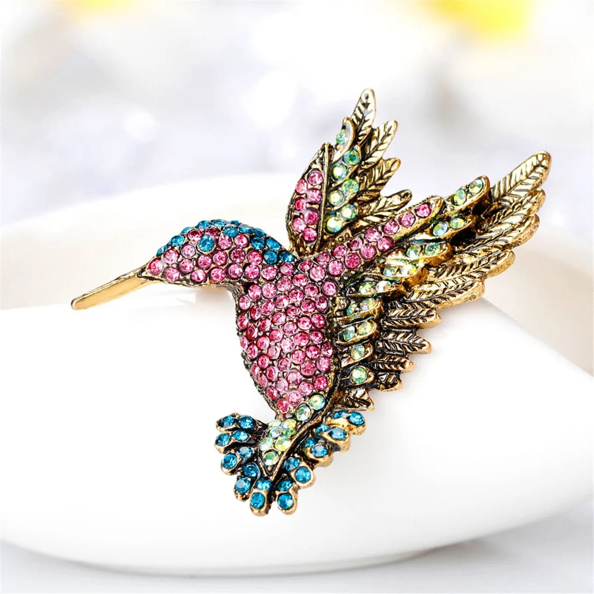 Pink & Blue Cubic Zirconia Woodpecker Brooch