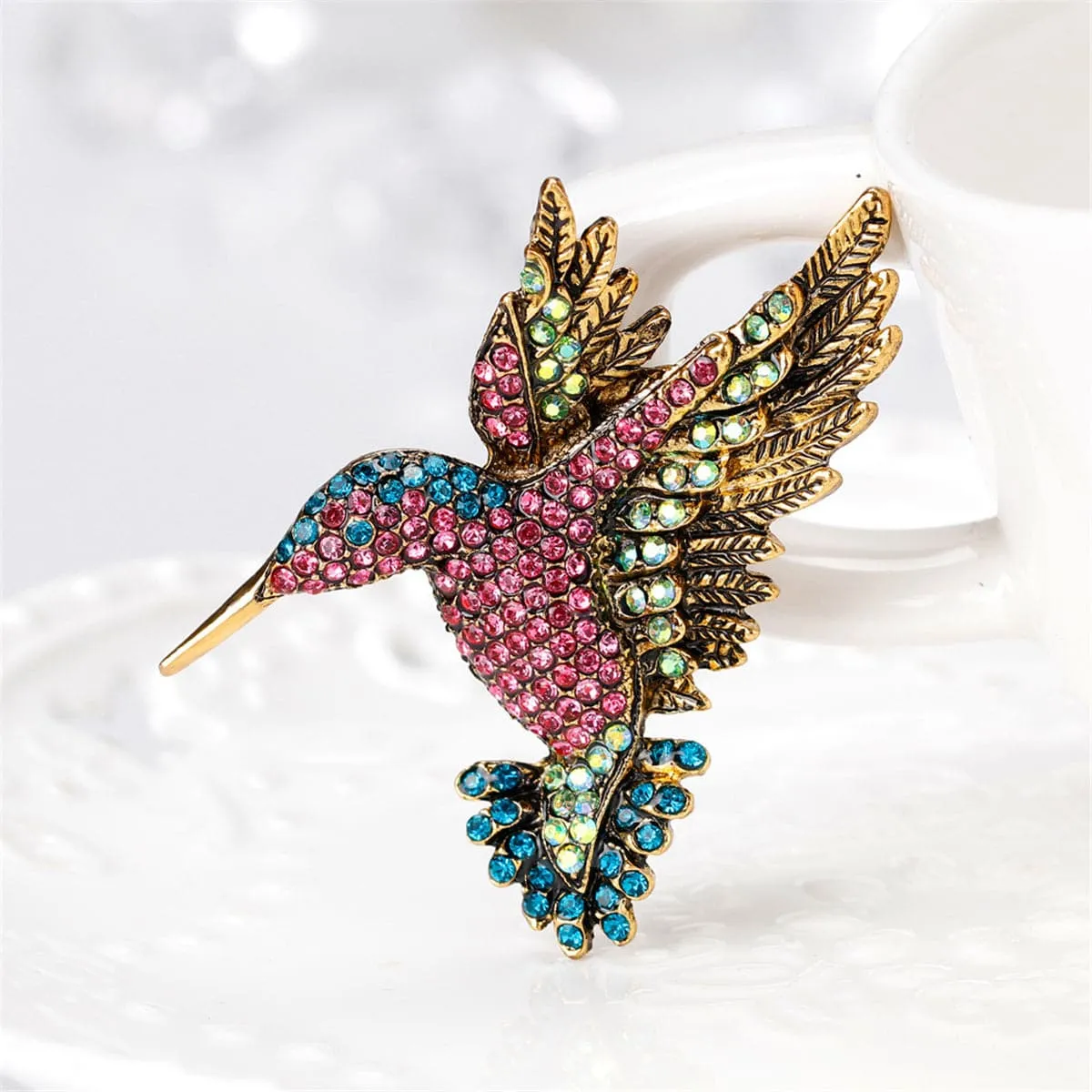 Pink & Blue Cubic Zirconia Woodpecker Brooch