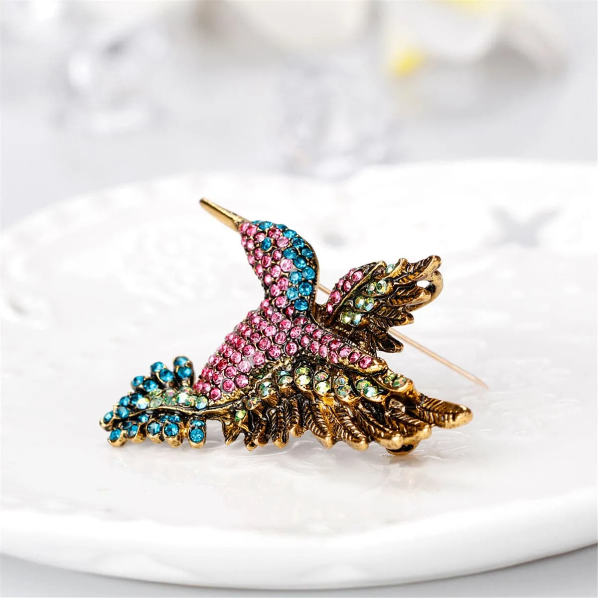 Pink & Blue Cubic Zirconia Woodpecker Brooch
