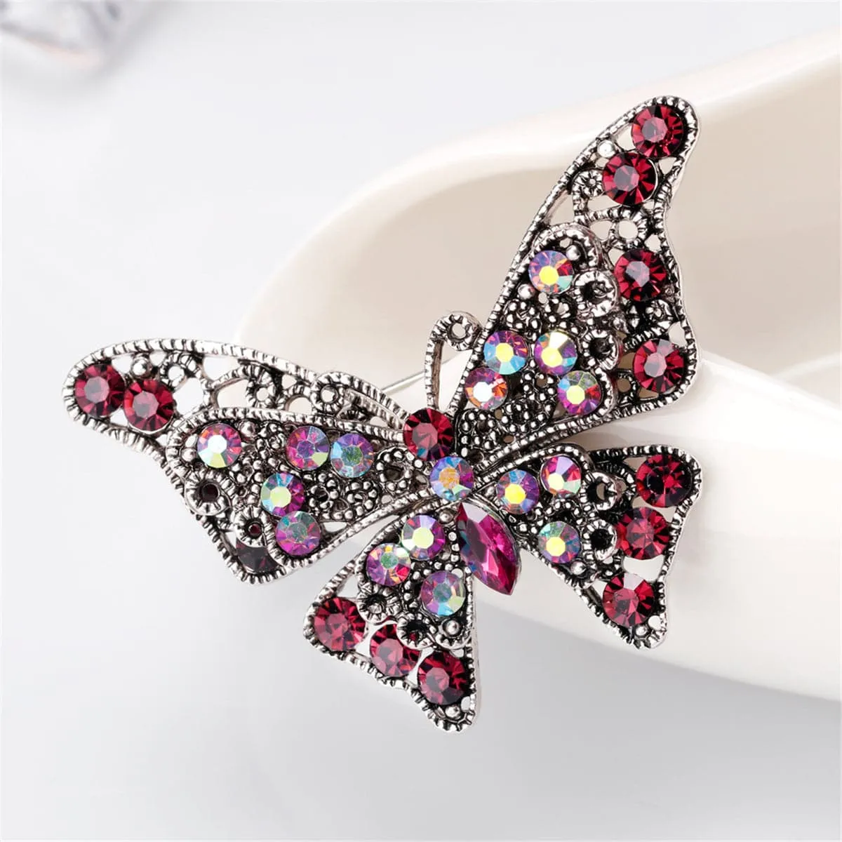 Pink Cubic Zirconia & Silver-Plated Butterfly Brooch