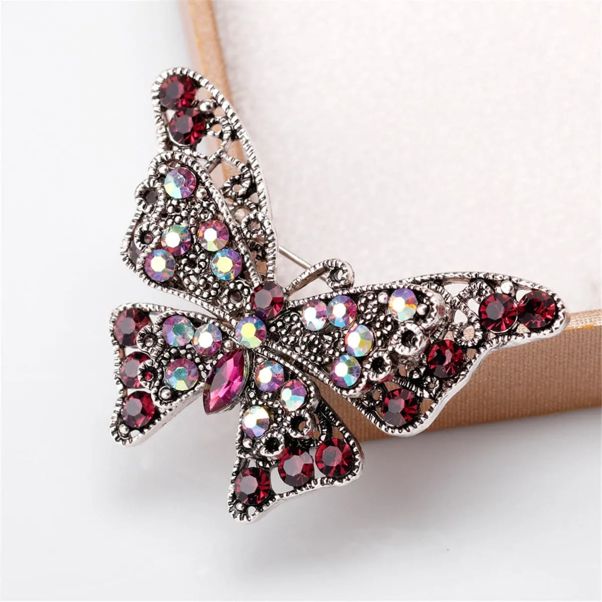 Pink Cubic Zirconia & Silver-Plated Butterfly Brooch